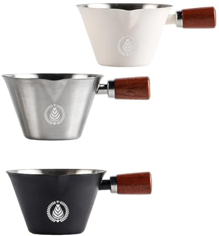 FUBESK Espresso Measuring Cup with Wooden Handle, Stainless Steel Dual Spout Shot Cup for Precise Coffee Measurement, 304 Food-Grade, for Kitchen Use