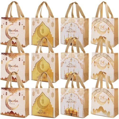 Zghhc 12 Stück Eid Mubarak Geschenktüten, Ramadan Mubarak Tragetaschen, Vlies-süßigkeitenverpackungstüten Griff, Partyzubehör