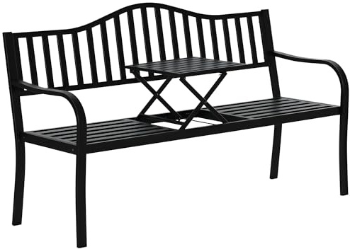 Outsunny Banc de Jardin 2-3 Places en métal, Banc d'extérieur avec Tablette relevable, Dossier à Lattes et accoudoirs, pour Balcon extérieur et terrasse, 150 x 58,5 x 90 cm, Noir
