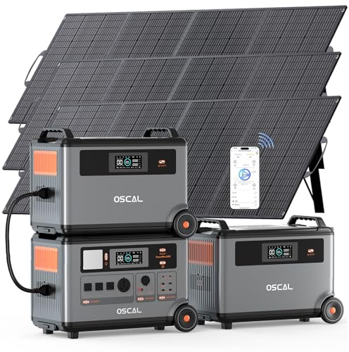 OSCAL PowerMax 6000W Portable Stromstation, 10800Wh Solargenerator mit 6000W(9000W Peak) Ausgangsleistung, 3x200W Solarmodule inklusive 1,96h Schnellladung, USV, Stromspeicher für Notstromversorgung