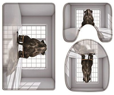 A.Monamour Badezimmer Badematte 3 Teilig Set Lustiger Elefant Sitzt Auf Fenster Tierbild Weicher Toilettendeckelbezüge Teppich Flanell Saugfähig Badteppiche Badvorleger Badgarnitur WC Vorleger