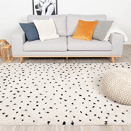 FRAAI Teppich Hochflor - Grand Dots Creme Schwarz 140x200cm - Punkte - Modern, Skandinavisch - Wohnzimmer, Esszimmer, Schlafzimmer - Fellteppich - Rug