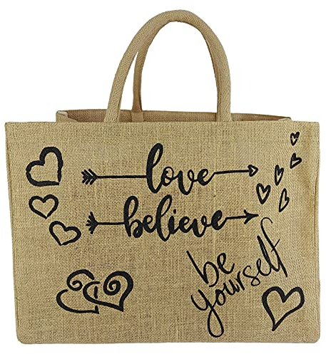 Domelo Einkaufskörbe. Bedruckte Einkaufstasche. Jute Tasche groß. Korbtasche, wasserabweisenden Strandtasche. Jutetaschen Shopper als Shopping bag. Nachhaltige Tragetasche (Love Herz)