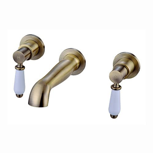 ENKI, Downton, BT0805, Antique Brass, Wall Mounted Basin Mixer Tap, 3 Hole, Traditional White Ceramic Twin Levers, Solid Brass Mixer Taps for Bathroom, Easy to Install, 10-Year Guarantee