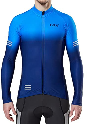 FDX Men’s Cycling Jersey, Super Roubaix Thermal Cycling Jacket, Windproof Winter Cycle Top, Full Zipper, Water Resistant and Breathable Long Sleeve High Viz Shirt,Running,Bike Clothing (Blue-L)