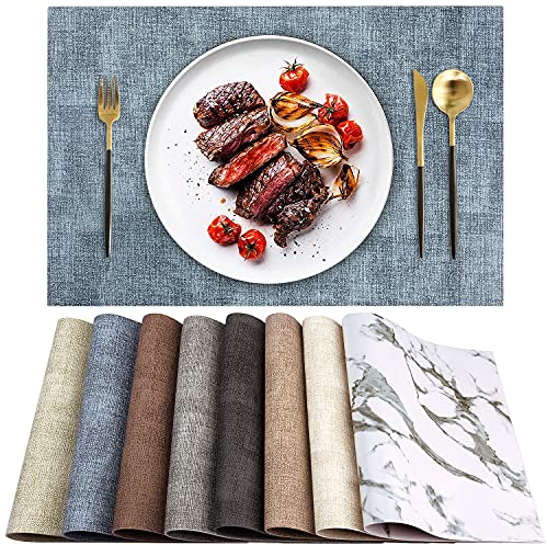 Leder Hitzebeständige Tischsets 6er Set Wasserdicht Abwischbar Waschbar PU Tischsets,Leicht zu Reinigen Anti-Rutsch Platzsets (6, Blau)