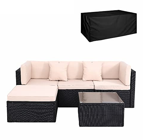 Panana Rattan Garden Furniture Set 4 Seater Wicker Patio Lounge Sofas Chairs Coffee Table Cushions Sectional Modular Combination for Outdoor Backyard Poolside (Black Wicker with Beige Cushions)