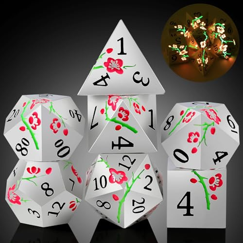 DNDND - Juego de 7 dados metálicos que brillan en la oscuridad con hermosa caja de regalo para juegos de mesa de Dungeons and Dragon (brilla en la oscuridad)