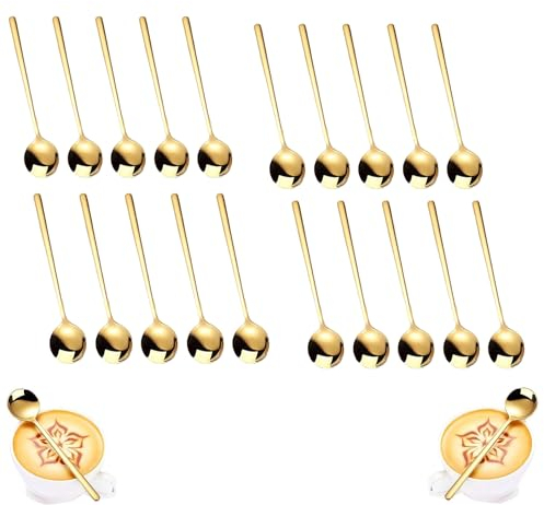Cucharas de Café Redondas Doradas - 20 Cucharillas Pequeñas de Acero Inoxidable para Mezclar - Uso Doméstico