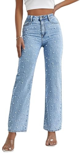 EZAPINE Pearl Jeans for Women Straight Leg High Waist Stretch Flare Bootcut Denim Pants