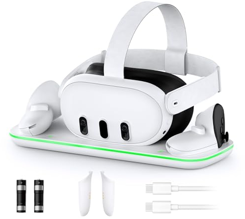 NexiGo Charging Dock for Meta Quest 3, VR Charging Station with LED Light [On/Off] for Oculus Quest 3, Charger Display Stand with 2 Rechargeable Batteries, USB-C Cable, White
