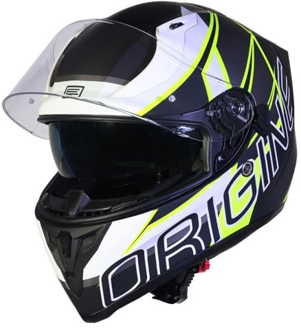 ORIGINE Casco Integrale per Moto da Strada con Doppia Visiera Omologato ECE2206(MATT FLUO YELLOW-BLACK,L)
