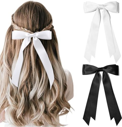 Lot de 2 pinces à cheveux en forme de nœud pour femme - Gros nœuds en satin - Queue longue - Grand nœud - Noir/Blanc