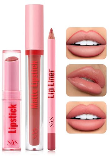 Lippenstift Set, Wasserfest Matt Lippenstift Lipgloss & Lipliner, 3-In-1 Lang Anhaltende Weiche Cremetextur Lipstick, Hochpigmentiert Velvety Nude Geschenk Set Für Mädchen (01)