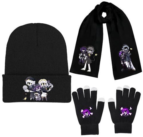 Murders Cyn N V J Figur Beanie Mütze Schal Handschuhe 3 Set, Winter Touchscreen Handschuhe Gestrickte Mütze Lange Weiche Warme Schals Für Outdoor Sportarten (Black-1)