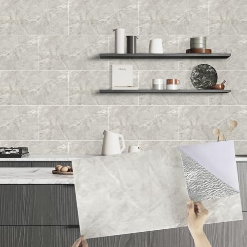 Alened Tile Stickers Light Grey 30x60cm/10pcs Marble Self Adhesive Peel and Stick Waterproof Stick on Wall Tiles for Kitchen Bathroom
