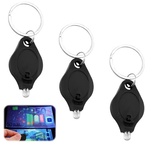 3PCS Note Checker Blacklight UV LED Mini Keychain Torches Watermark Money Checker Portable Pocket-Sized Flashlight for Paper Currency, Watermark Inspection, Multi-Functional LED Keyring Torch - Black