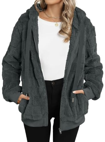 EIRUKON teddy fleecejacka dam huvjacka teddyjacka teddy-fleece varm höst vinterrock fluffig huvtröja jacka dragkedja plyschjacka med fickor, Mörkgrå, M