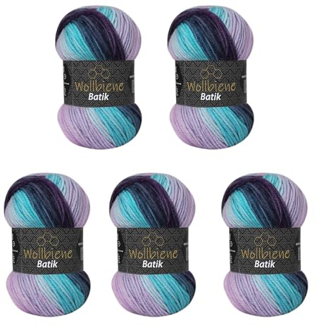 5 x 100g Wollbiene Batik 500 Gramm Wolle mit Farbverlauf mehrfarbig Multicolor Strickwolle Häkelwolle (2500 lila türkis flieder)