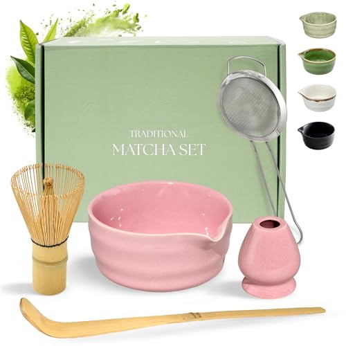 Comforder Matcha Set, Keramikskål, Bambuvisp, Sked och Sil (Rosa) | Japanskt teset för matcha latte och teceremoni, keramikskål, bambuvisp med hållare, sked och sil