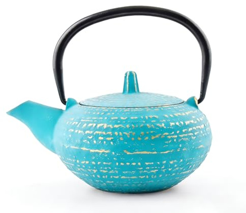 Mini tetera de hierro fundido con diseño de color negro y dorado, estilo asiático, 300 ml, color azul y dorado