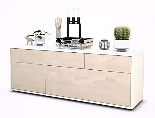 Stil.Zeit TV Schrank Lowboard Anjelika, Korpus Weiss matt, Front Holz Design Zeder (135x49x35cm), Push to Open Technik & Leichtlaufschienen