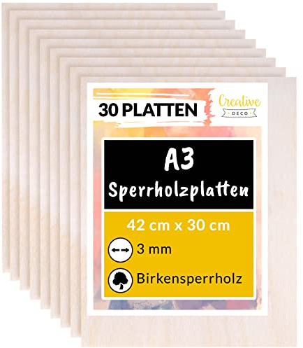 Creative Deco 30 x A3 Contreplaqué 3mm | 420 x 300 x 3mm (+/- 2mm) | Planche Bois Brut Bouleau | Panneau Feuille Découpe Laser | Bois pour Pyrogravure, Gravure, Cricut, Maquette