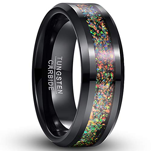 Vakki 8mm Schwarz Ring aus Wolframcarbid mit Opal Herren Damen Modeschmuck Geeignet für Verlobungs Hochzeit Freizeit Hobby Größe 62(19.7)