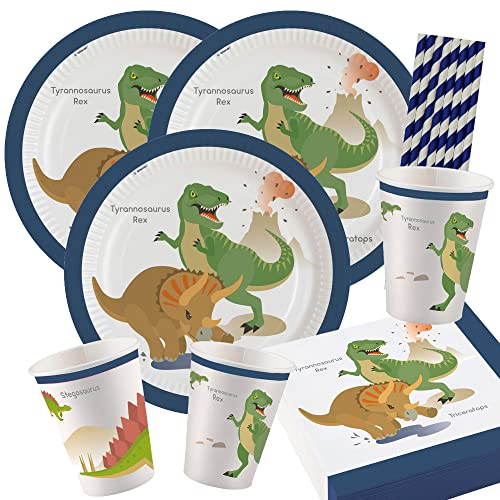 spielum Set da 44 pezzi con dinosauro – Happy Dinosaur – Piatti bicchieri tovaglioli cannucce per 8 bambini