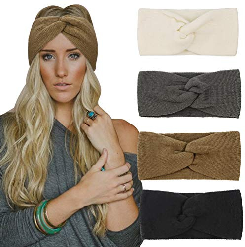 DRESHOW 4 Stück Damen Gestrickt Stirnband Winter Strick Breite Kopfband Elastische Haarband Stirnband Häkelarbeit Ohr Wärmer Damen