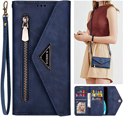 iPhone 11 Pro Max Purse Case,Leather Folio Flip Case Zipper Wallet with Card Slot Shoulder Chain & Hand Strap Coin Pouch Stand Full Body Leather Cover Crossbody Phone Bag for iPhone 11 Pro Max Blue