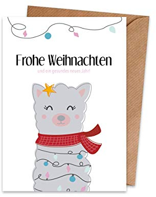 Weihnachtskarten mit Umschlag (15er Set) Lama Alpaka – hochwertige moderne Klappkarten & Umschläge (Kraftpapier) – partielle Glanzlack-Veredelung – einzigartiges Design – außergewöhnlich