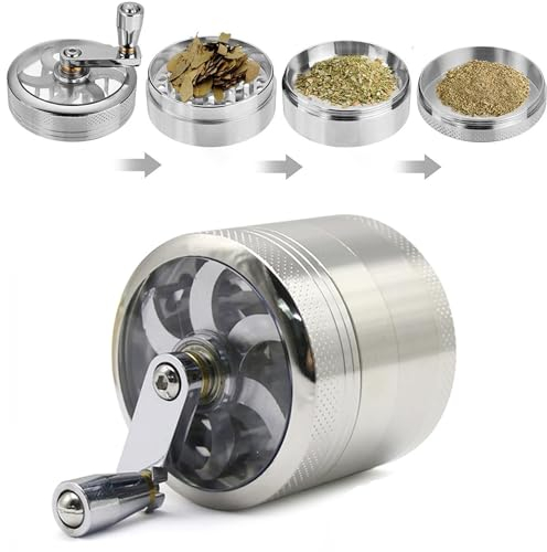 XUBX Grinder di Spezie, Mano manovella Mill, Smerigliatrice trasparente, Crusher Manuale per Spezie Essiccate, Tabacco, Erba, Erb, Macinaspezie, Macinapepe, polline Catcher, 4 strati, Ø55mm (Argento)