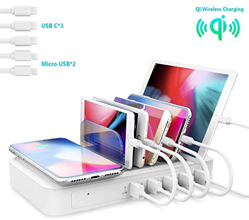 YOJA Station de Charge Chargeur USB Multiple Station Recharge 5 Ports Support de Chargement avec Chargeur inductif sans Fil pour Smartphone Tablettes (5 câbles Court Compris, Modèle A)