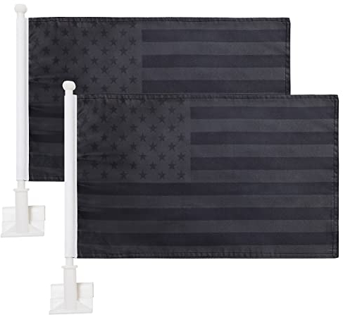 2 Stück Autofahnen, schwarze amerikanische Flagge für den Außenbereich mit USA-Flagge und Autoflaggenmast, Auto-Logo-Fensterclip kann an die meisten Fenster befestigt werden, 35,6 cm Fahnenmast und