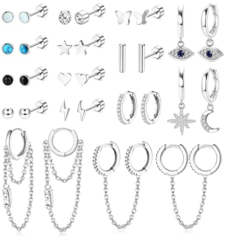 JeweBella 15Paar Kleine Ohrringe Set Damen Hypoallergen Medizinische Ohrstecker Creolen Hängende mit Kette Chirurgenstahl Knorpel Helix Piercing Ohrringe Set für Mehrere Ohrlöcher Frauen Gold/Silber