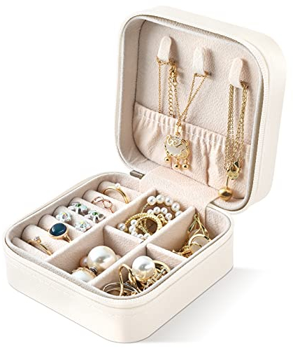Larkumio Schmuckkästchen Mädchen Damen Reiseschmuckästchen, Schmuckaufbewahrung Reise Schmuckkasten Schmuckschatulle Klein Schmuck Reiseetui Jewelry Organizer für Haargummi Ohrring Halsketten, Weiß