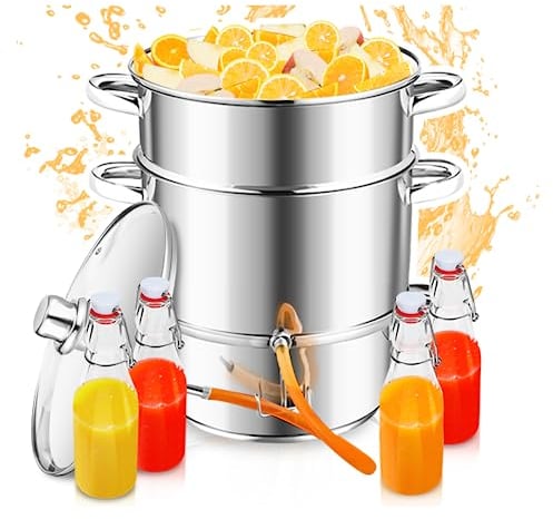 Izrielar Dampfentsafter 16L Edelstahl Entsafter Saftpresse Ø 26 cm mit 4 Bügelflasche, Schonendes Entsaften von Obst und Gemüse, für alle Herdarten geeignet, Silber