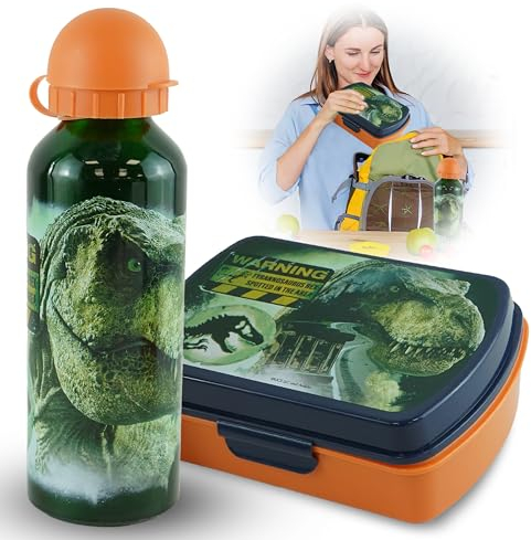 Jurassic W0rld Lunch Box with 500ml Aluminium Summer Water Bottle Kids Set, Rectangular Back to School, Road Trip Travel, Lunch Food Box Sandwich, Food Container, Dinosaur Picnic, BPA Free