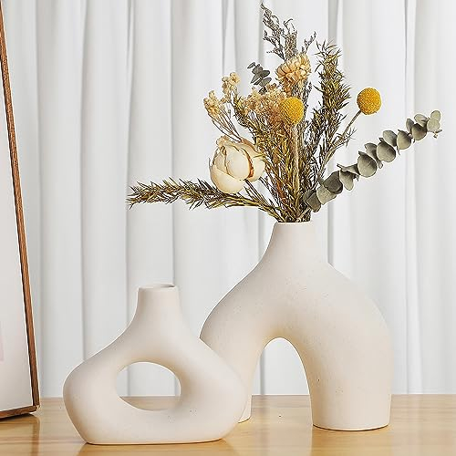 Sawoake Lot de 2 vases en céramique blanche double montagne pour décoration moderne, bohème, nordique, minimalisme, pour salon, mariage, table de dîner, fête, bureau et chambre à coucher