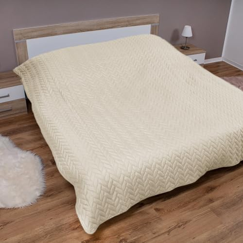 Tagesdecke (Creme) 220x240 cm mit wattierter Zwischenlage, Bettüberwurf - Überwurfdecke, Sommerdecke gesteppt - Steppdecke, Wendedecke