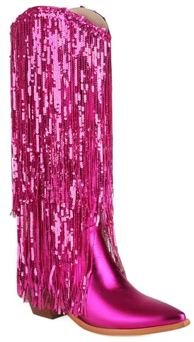 Donne Frangia Stivali da cowboy Western Sparkly Patent Pelle sintetica Metallico Appuntito Cowgirl Knee High Moda Festa Boot per donne Ragazze Le signore rosso Numero 40