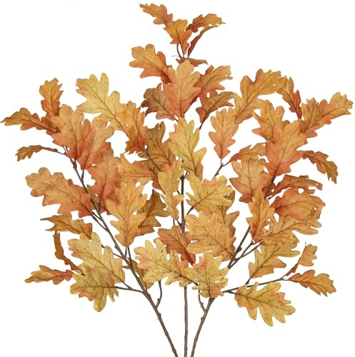 Hollyone 3 Stück Künstliche Eichenblätter Gelb Herbstliche Kunstzweige 77 cm Stiel Künstlicher Deko Zweig Herbst Kunstlaub für Heimdeko Tischdeko Blumenarrangement Centerpiece
