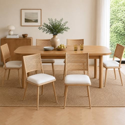 Merax Lot de 6 Chaises de Salle à Manger, Chaises de Cuisine avec Siège en Polyuréthane et Dossier en Rotin, Chaise Rembourrée pour Salle à Manger, Salon et Chambre à Coucher, Pieds en Métal, Beige