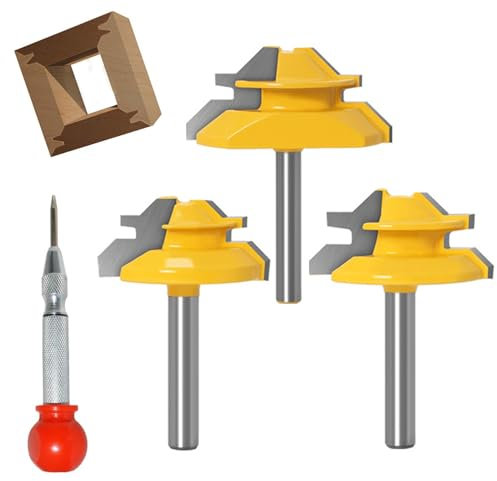 1/4 Inch Shank 45 Degree Lock Miter Router Bit, 1/2”, 5/8”, 3/4” Cutting Height Joint Router Bits with Heavy Positioning Center Punch for Wooden Working Cutter Tools Set (3)