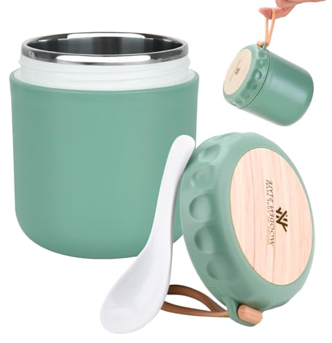 Lotvic Recipiente térmico para alimentos, recipiente térmico de 400 ml, recipiente para mantener los alimentos calientes, fiambrera térmica, recipiente térmico, recipiente aislante con asa (verde)