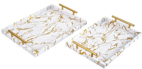 UPPER DECOR Modern Decorative Tray Set of 2 - White and Gold Marble Wood Serving Tray with Gold Polished Metal Handles for Ottoman, Coffee Table, Bathroom and More