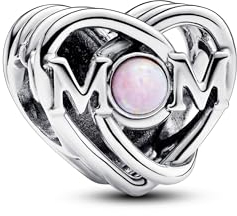 PANDORA Moments Offen gearbeitetes Mama & Herz Charm aus Sterling Silber mit Opal, Kompatibel Moments Armbändern, 793233C01