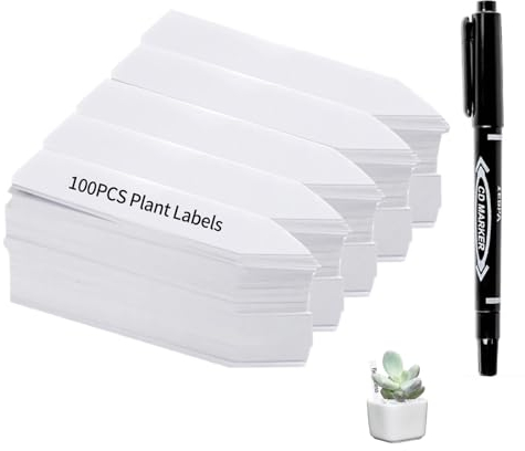 Plant Labels, 100Pcs Reusable White Garden Tags Markers & Labels for Outdoor Plants Seedling Herbs Flowers Vegetables, 10x2CM(Plus a Black Marker All The timen)