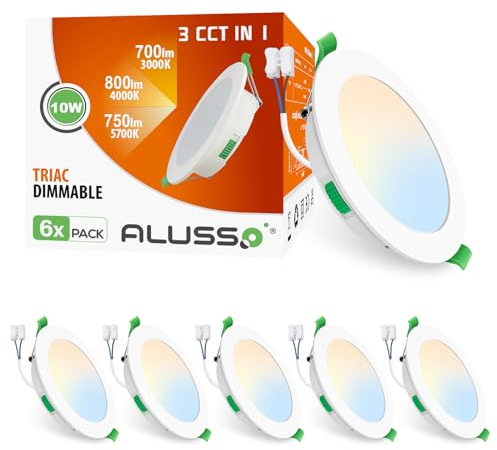ALUSSO LED Einbaustrahler Flach 230V, 10W 800lm LED Deckenspots Dimmbar Ultra Slim Einbautiefe 30mm, Warmweiß 3000K Neutralweiß 4000K Kaltweiß 6500K, IP44 LED Spots für Wohnzimmer, 6er Set